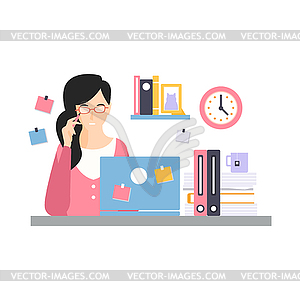 Elegant businesswoman character sitting at desk wit - vector clipart