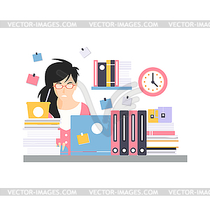 Busy young businesswoman character sitting at - vector image