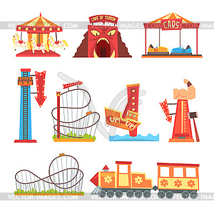 Amusement park elements set, funfair attraction - vector clipart