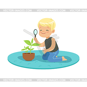 Cute happy little boy examining plant through - vector clipart