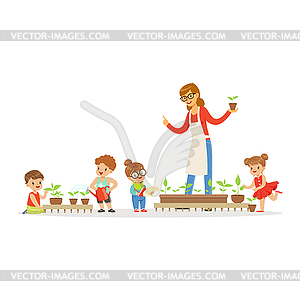 Friendly teacher explaining kids about plants durin - vector clipart