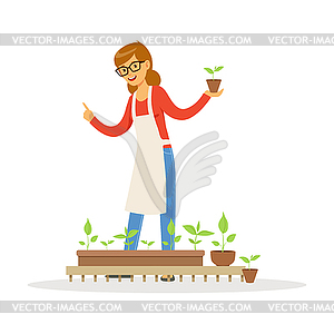 Friendly teacher telling about plants during - vector image