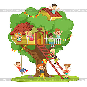 Kids having fun in treehouse, childrens playground - vector image