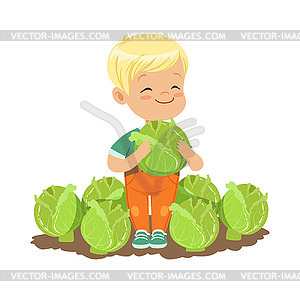 Happy blonde little boy standing with cabbage in - vector clipart