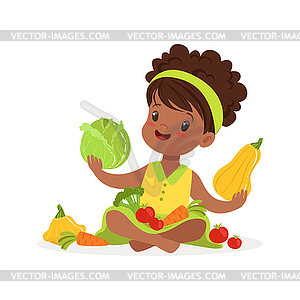 Sweet little girl sitting on floor playing with - vector image