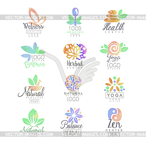 Welness, zen, yoga, herbal center, healthy food log - vector image