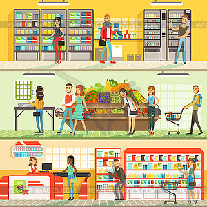 Люди в супермаркетах горизонтальные красочные баннеры - стоковое векторное изображение