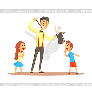 Magician pulling out rabbit of his top hat before - vector image