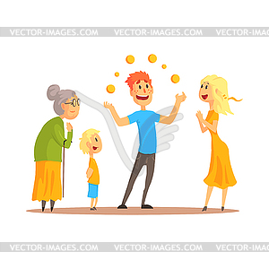 Young man character juggling with orange balls - royalty-free vector clipart