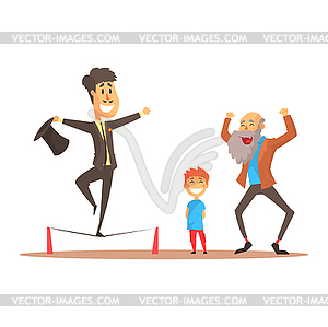 Tightrope walker performing before happy people, - vector clipart