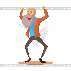 Happy laughing old man standing with raised arms - vector clipart