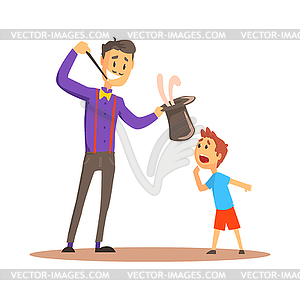 Smiling magician pulling out rabbit of his top hat - vector image