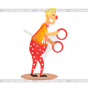 Funny friendly clown juggling with rings, circus - vector clip art