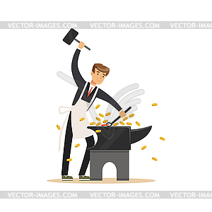 Man in business suit and white apron forging money - royalty-free vector image