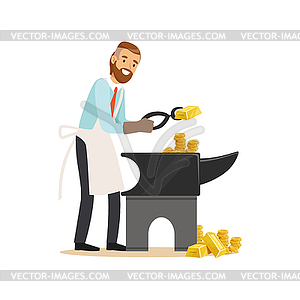 Businessman forging money on anvil, make money - vector clipart