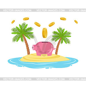 Gold coins falling in piggy bank on tropical island - vector image