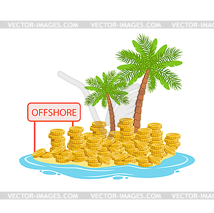 Big piles of gold coins lying on tropical island, - vector image