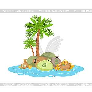 Большая куча денег, лежащих на тропическом острове, офшоры - изображение в векторном формате