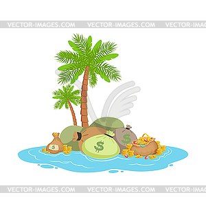 Big pile of money lying on tropical island, offshor - vector clip art