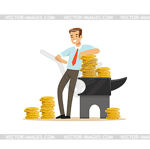 Businessman standing next to anvil with gold - vector image