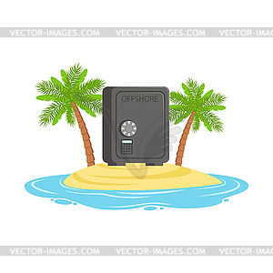 Closed safe on tropical island, hidden in offshore - vector image