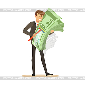 Человек в деловом костюме стирка денег поют швабра, нелегалы - векторное графическое изображение