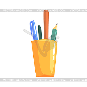 Yellow holder with pencils and pens, office tools - vector clipart