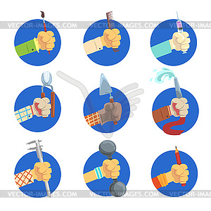 Hands with tools set, mans hand with symbol of - vector clipart