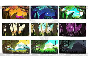 Tropical jungle landscapes set in different times o - vector clipart