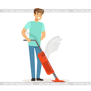 Young smiling man cleaning floor with steam mop - vector image