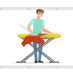 Young smiling man ironing clothes on ironing - vector image