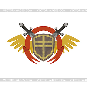 Medieval coat of arms with crossed swords and wings - vector clip art