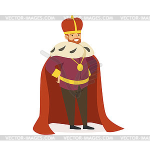 Majestic emperor in red ermine mantle, fairytale - vector image