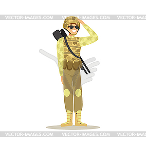 Soldier character wearing camouflage uniform doing - vector image