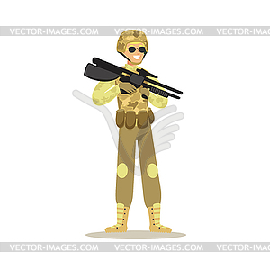 Soldier character wearing camouflage uniform holdin - vector clip art