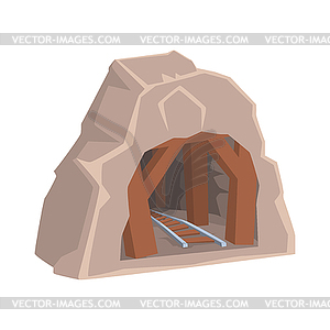 Wooden mine entrance with railway, mining industry - vector clipart