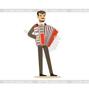 Male musician wearing classic suit playing accordion - vector image