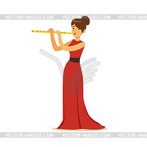 Elegantly dressed female musician playing flute, - vector image