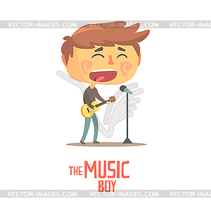 Boy playing guitar and siging, young musician - vector clipart