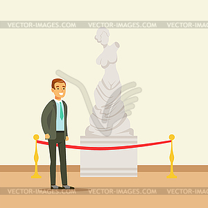 Young man viewing antique statue at museum - vector clip art