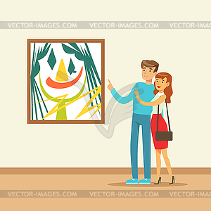 Young couple in modern art gallery looking at - color vector clipart