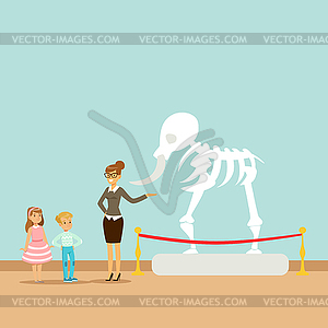 Museum guide telling children about dinosaur - vector clipart