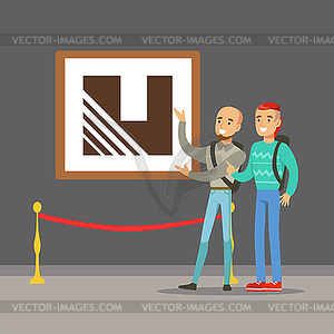 Two young men standing in modern art gallery lookin - vector image