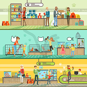 Pet shop horizontal banners set, people buying pets - vector clip art