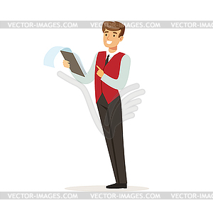 Smiling male hotel manager character wearing red - royalty-free vector image