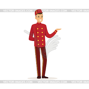 Smiling doorman character wearing red double - vector clipart