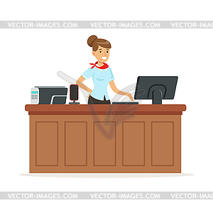 Friendly young woman behind reception of hotel, - vector clipart