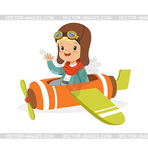 Симпатичный маленький мальчик в летнем костюме летать игрушечный самолет, - векторное изображение EPS