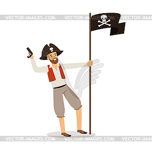 Brave pirate character with Jolly Roger flag - vector clipart