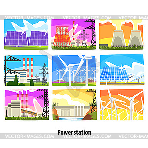 Power station set, electricity generation plants an - vector clipart